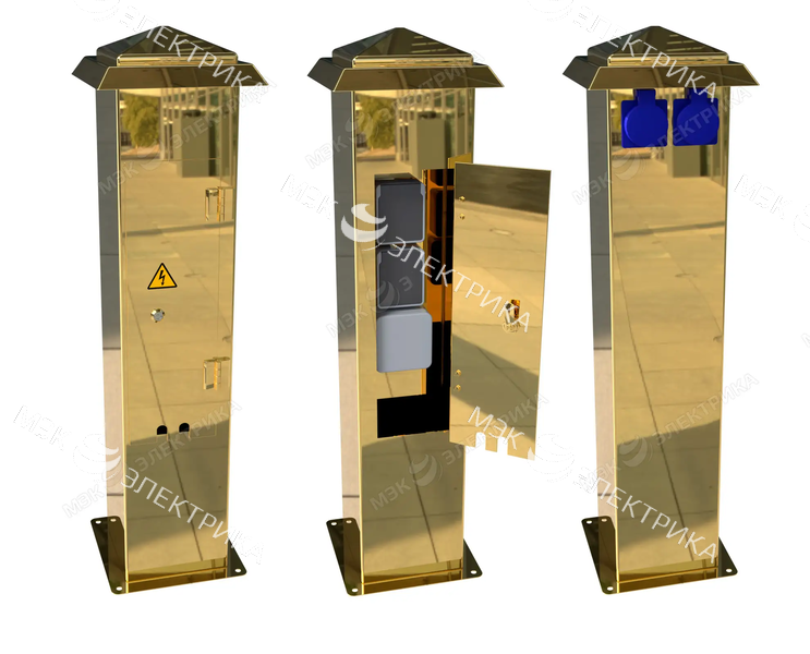 Стойка уличная с розетками из нержавеющей стали с дверцей и 4 розетками IP54 золотой